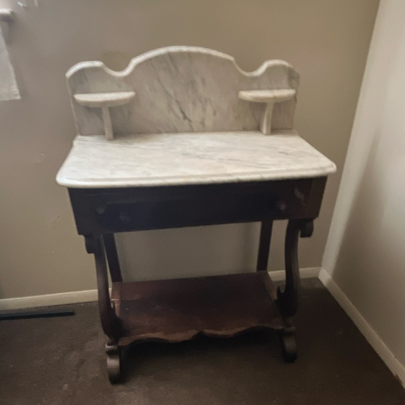 Antique Marble Top Wood Accent Table Rectangular with Shelf and Drawer