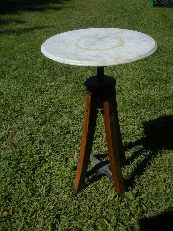 Vintage Antique Marble Top Industrial Metal Oak Wood Plant Stand Adjustable 15" gallery