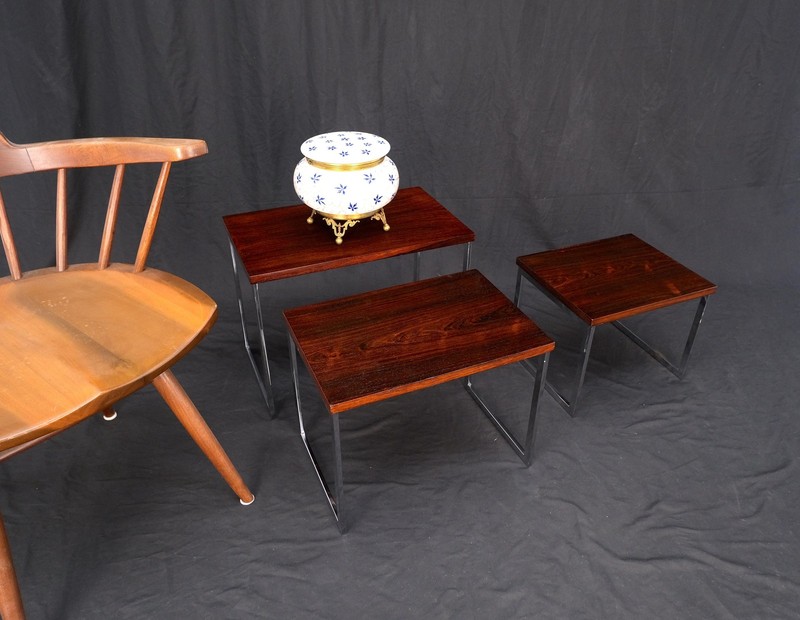 Rosewood Tops Chrome Base Mid Century Modern Set of 3 Nesting Side End Tables gallery