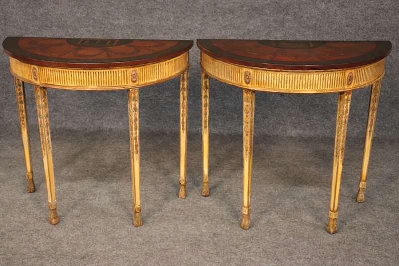 Fine Pair English Adams Paint Decorated Demilune Figural Console Tables gallery