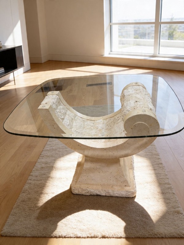 Maitland-Smith Mactan Stone Scroll Coffee Table with Glass Top