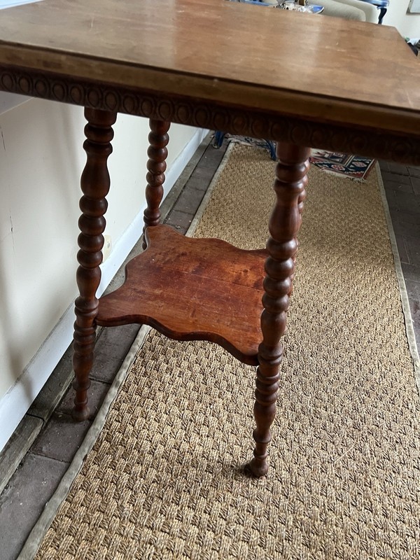 Antique Wood Side Table Barley Twist Legs Carved Apron 21” Square for Repair gallery