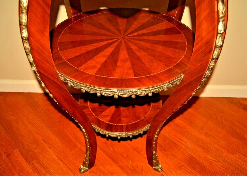 Antique Original Vintage Gilded Bronze Inlaid Mahogany Triple Tier Accent Table gallery