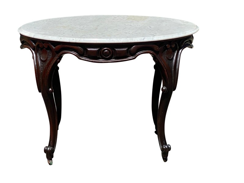 LATE 19TH CENTURY ANTIQUE VICTORIAN MARBLE TOP CARVED WALNUT OVAL PARLOR TABLE gallery