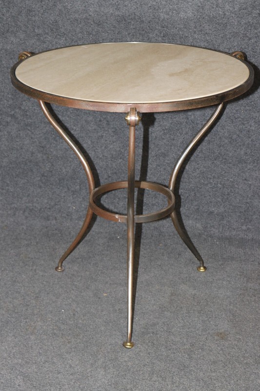 Simple and Sophisticated French Travertine Marble Metal and Brass Gueridon Table gallery