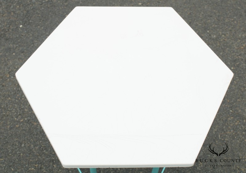 Mid Century Modern Teal Painted Base Hexagon Top Patio Side Table gallery