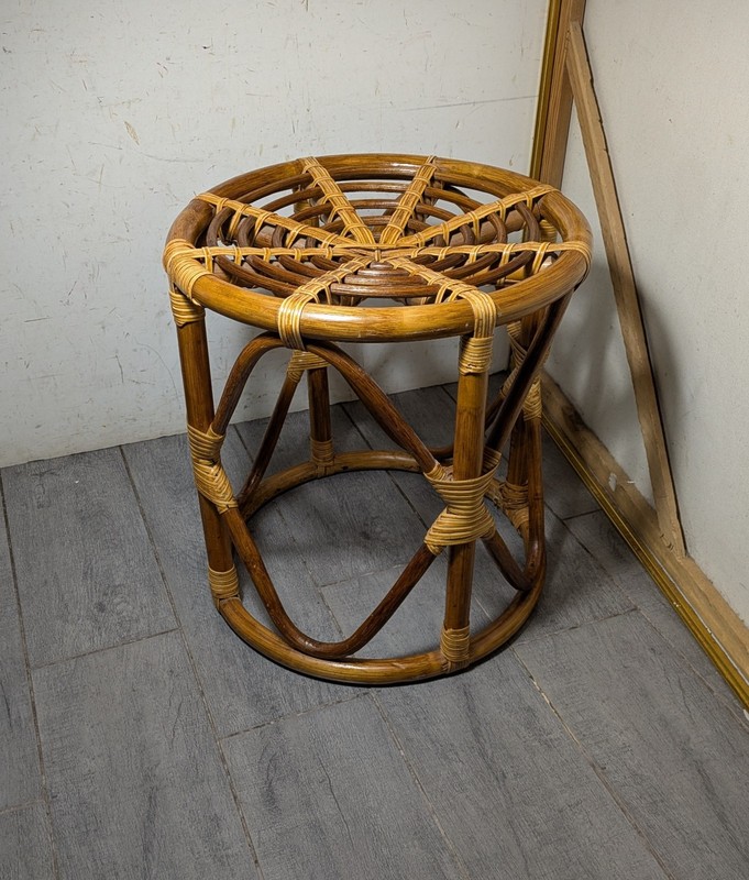 Vintage MCM Boho Chic Bamboo Rattan Round Table Stool Coastal Tiki Plant Stand