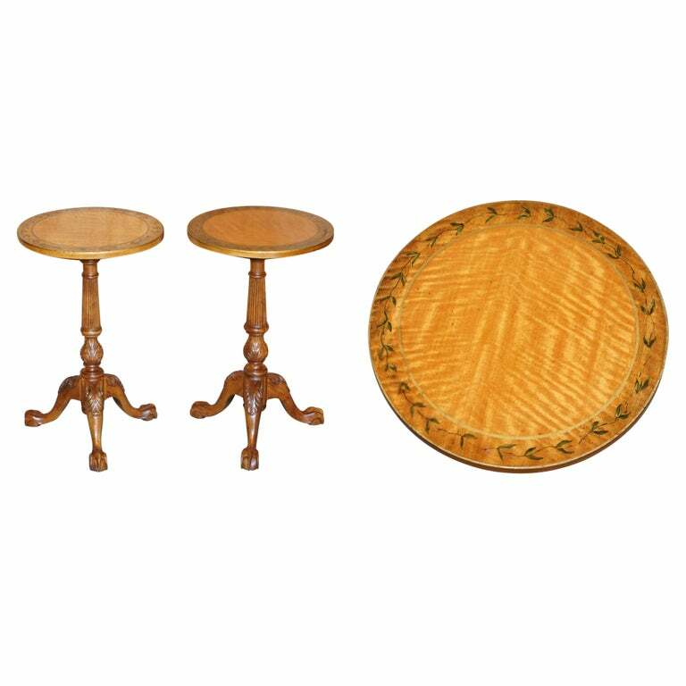 PAIR OF ANTIQUE VICTORIAN SHERATON CLAW & BALL SATINWOOD TRIPOD SIDE END TABLES