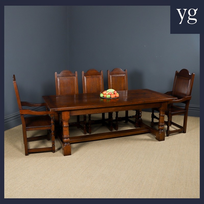Antique English 17th Style Oak Refectory Dining Table Set 8 Eight Chairs c.1980