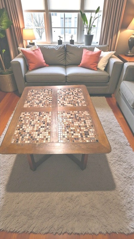 Vintage Wooden Coffee Table with Mosaic Tile Inlay & Metal Base