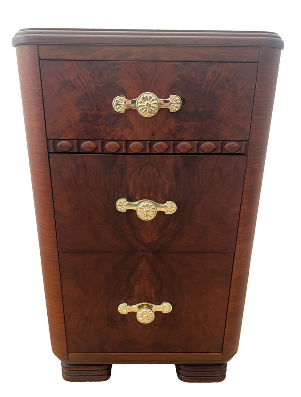 Art Deco Side Table, Nightstand, Chest of Three Drawers, Walnut, Brass Pulls gallery