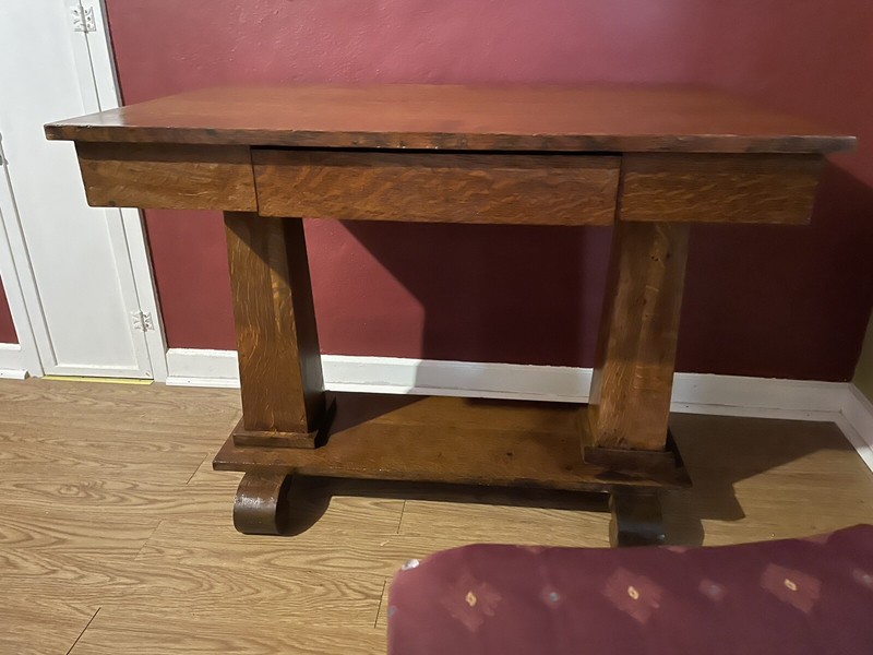 Antique Tiger Oak Library Table/Desk with Bottom Shelf & Drawer gallery