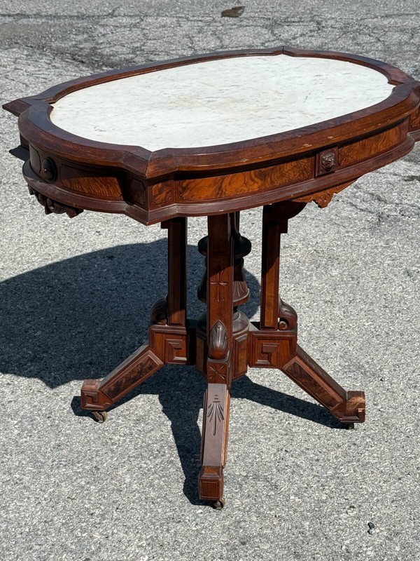 Antique Carved victorian walnut & rosewood marble top parlor center table stand gallery