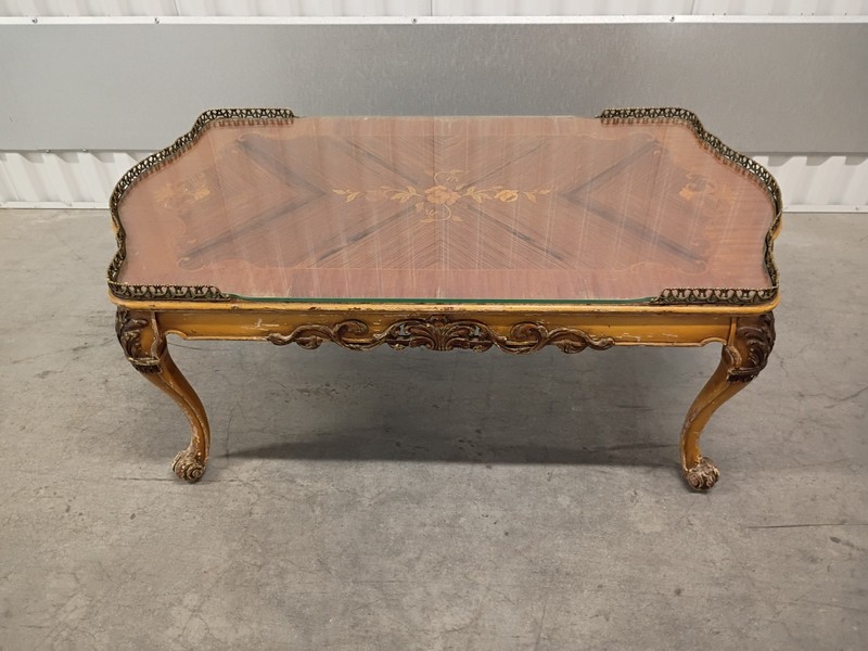 Ornate Hand Carved Wood FRENCH STYLE Inlaid Top Coffee Table with Glass Top gallery