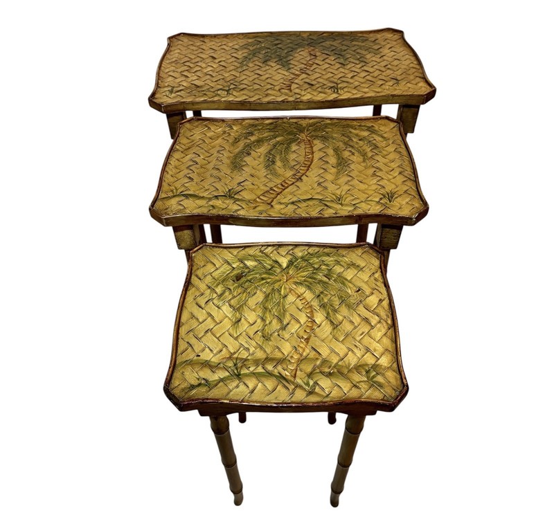 Vintage Boho Chic Faux Bamboo Nesting Tables 3 Pc Handpainted Chinoiserie Style gallery