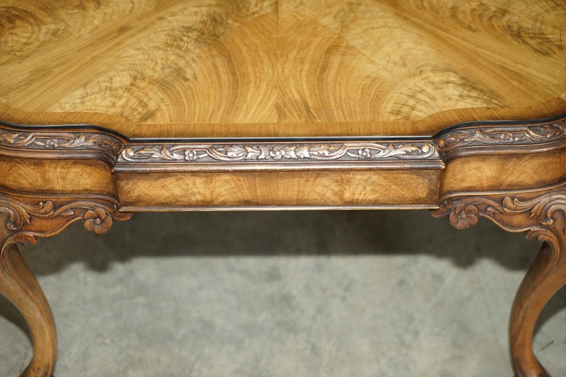 EXQUISITE BURR WALNUT COFFEE COCKTAIL TABLE WITH ORNATELY CARVED CABRIOLE LEGS gallery