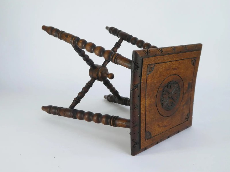 Antique Small Bobbin Wooden Stool, Carved Side Table with Flower, Barley Twist gallery