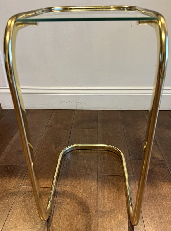 Vintage MCM Milo Baughman Style Brass Tone Glass Top Cantilever Side Table gallery