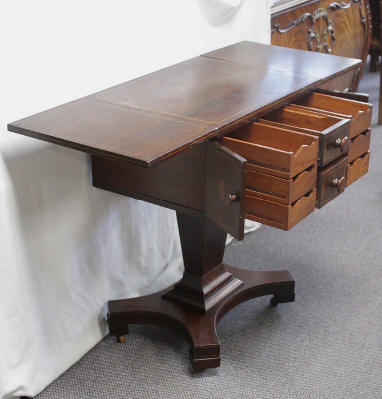 Antique Mahogany SEWING WORK SIDE TABLE.Drop-Leaf Sides. Inlaid Doors + Pulls. gallery