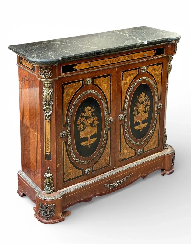 19th Century French Napoleon III Style Marquetry Inlaid Side Cabinet – FREE SHIP