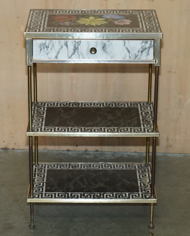 PAIR OF REGENCY STYLE FAUX MARBLE THREE TIERED ETAGERES SIDE END TABLES DRAWERS gallery
