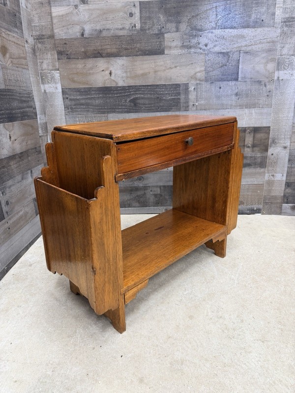 Vintage Art Deco Side Table Magazine Storage Rack Solid Wood Nightstand Drawer gallery
