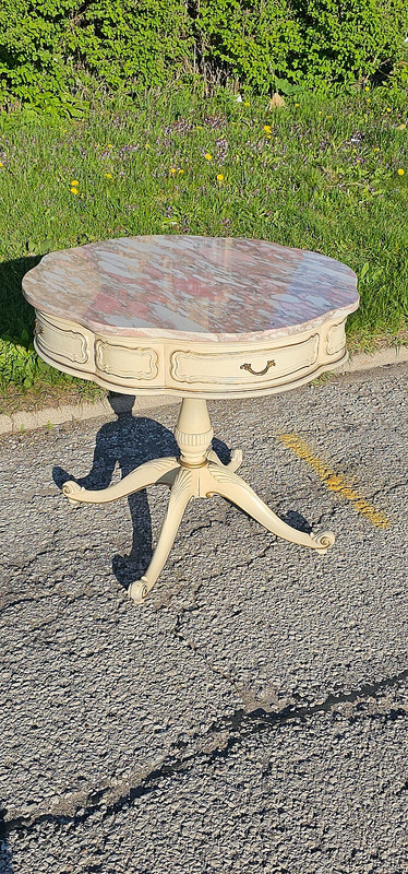 French Provincial Rose & white Marble top Parlor Table with drawers gallery