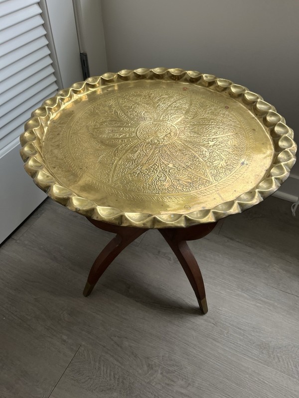 Vtg Mid Century Spider Leg Brass Tray Table Hand Etched Boho Moroccan India gallery