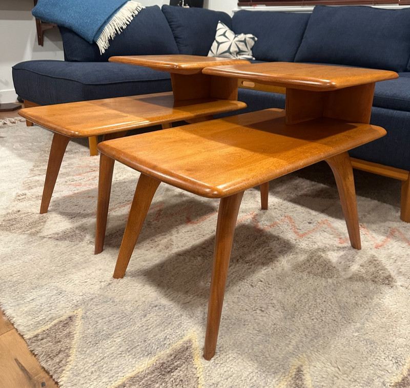 Vintage Mid Century Modern Pair Heywood Wakefield Champagne Step End Tables gallery