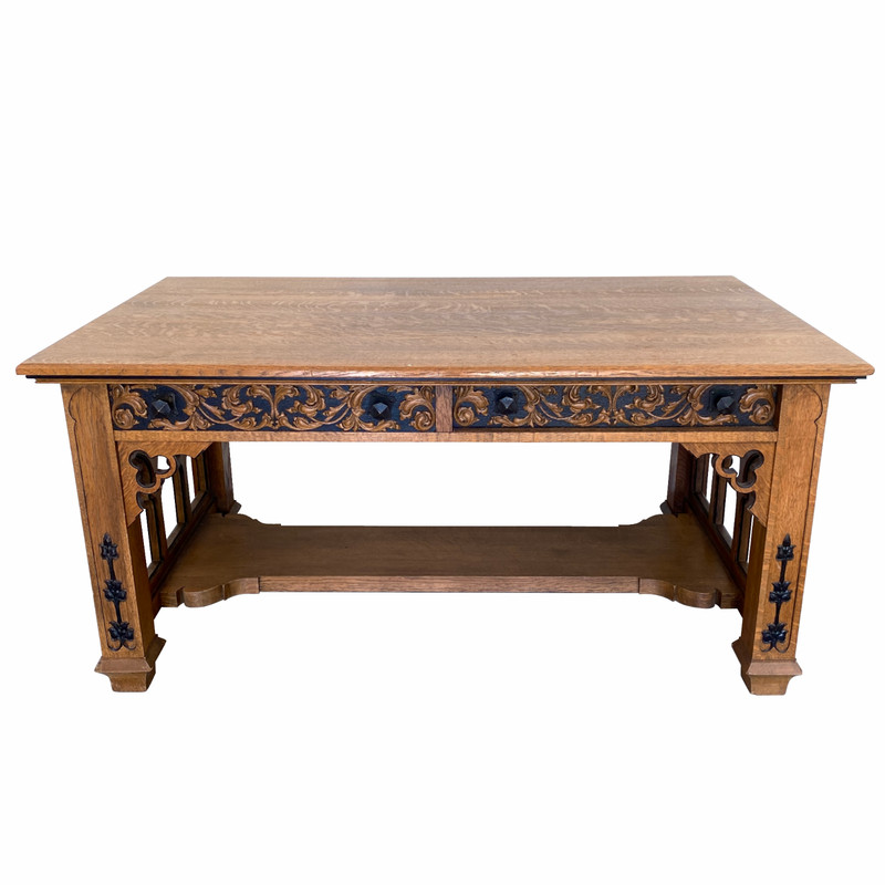 19th C. Gothic Revival Library Table, Carved Drawers, c.1880