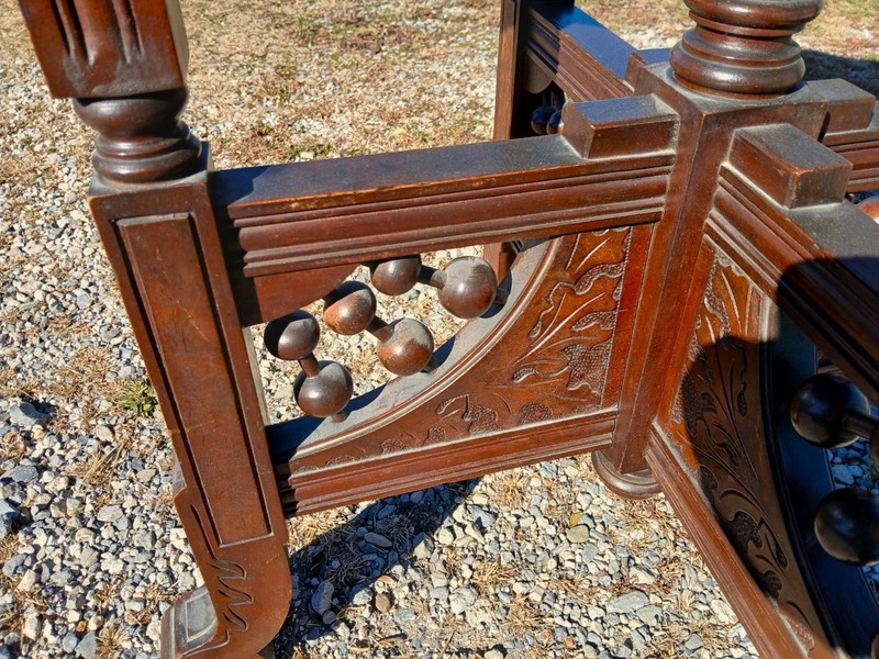 Antique Victorian Eastlake Walnut Parlor Table Chocolate Marble Stick and Ball gallery