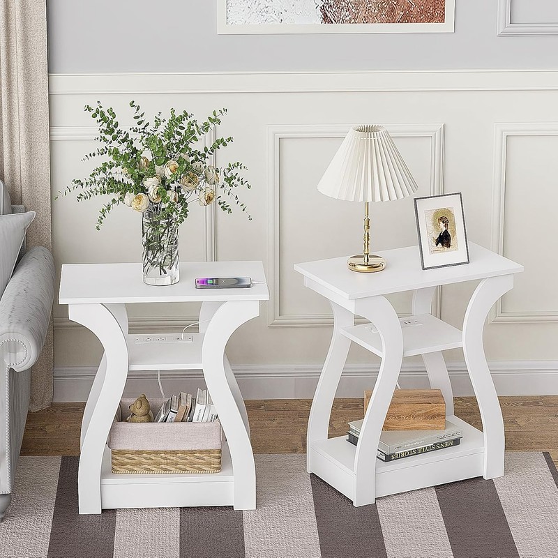 End Tables Living Room Set of 2,End Table with Charging Station,White End Table