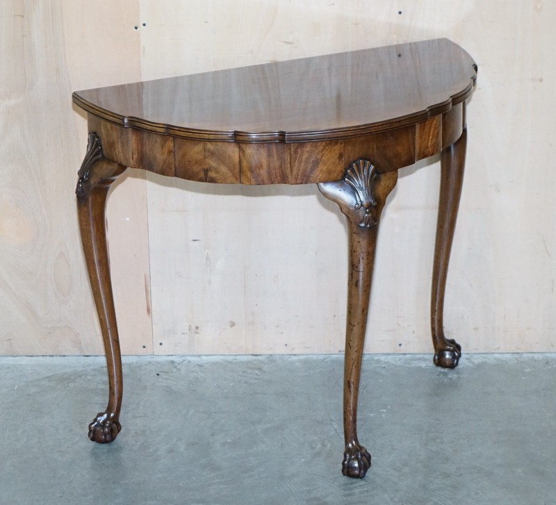 FLAMED MAHOGANY THOMAS CHIPPENDALE STYLE DEMI LUNE CLAW & BALL CONSOLE TABLE gallery