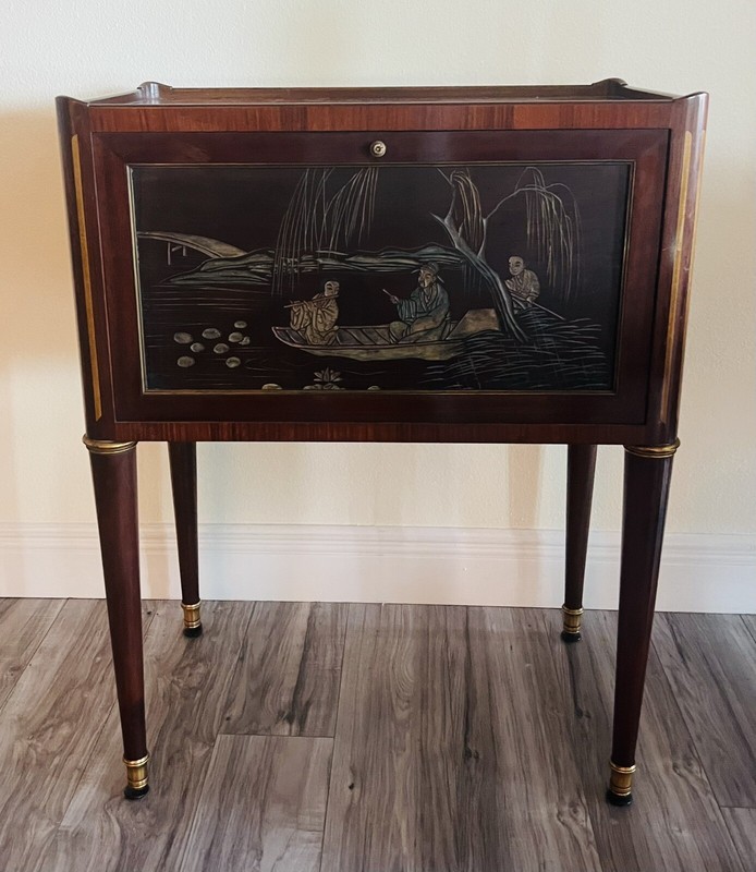 Antique 1920sFrench Japanned Serving Table Parquet, Glass Panels Carved Wood EUC gallery