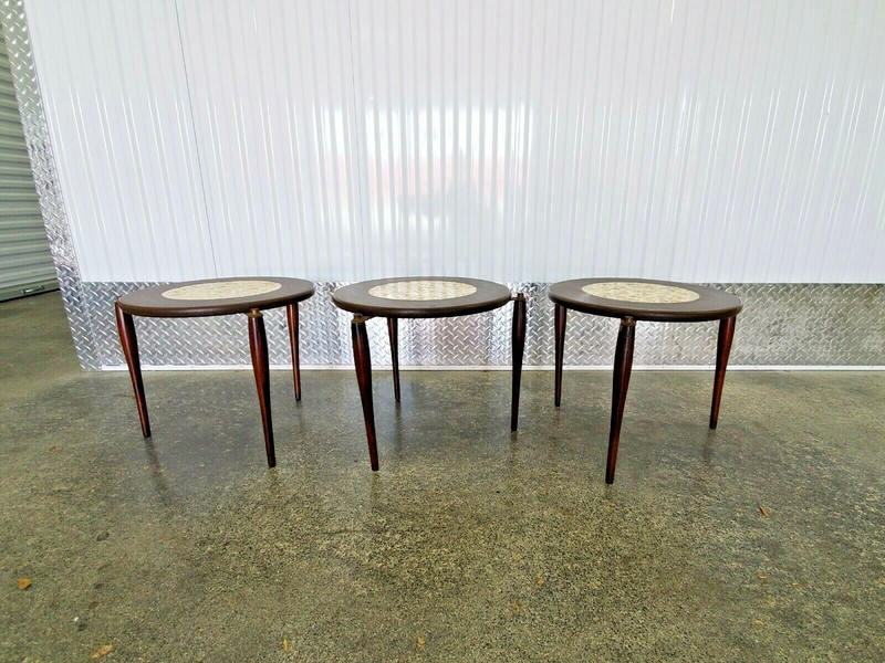 THREE MID CENTURY ROUND NESTING TABLES MOTHER OF PEARL CENTERS W SPIDER LEGS