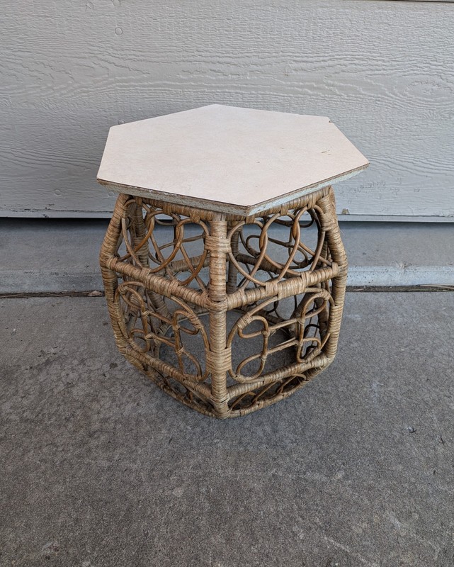 Vintage Asian Chinoiserie Boho Chic Bamboo Wicker Rattan Side Drum Table D72 gallery