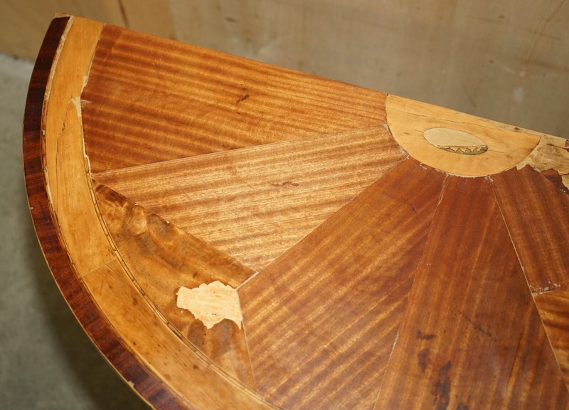 ORIGINAL DISTRESSED ANTIQUE GEORGIAN SHERATON DEMI LUNE CARVED TABLE LEATHER TOP gallery