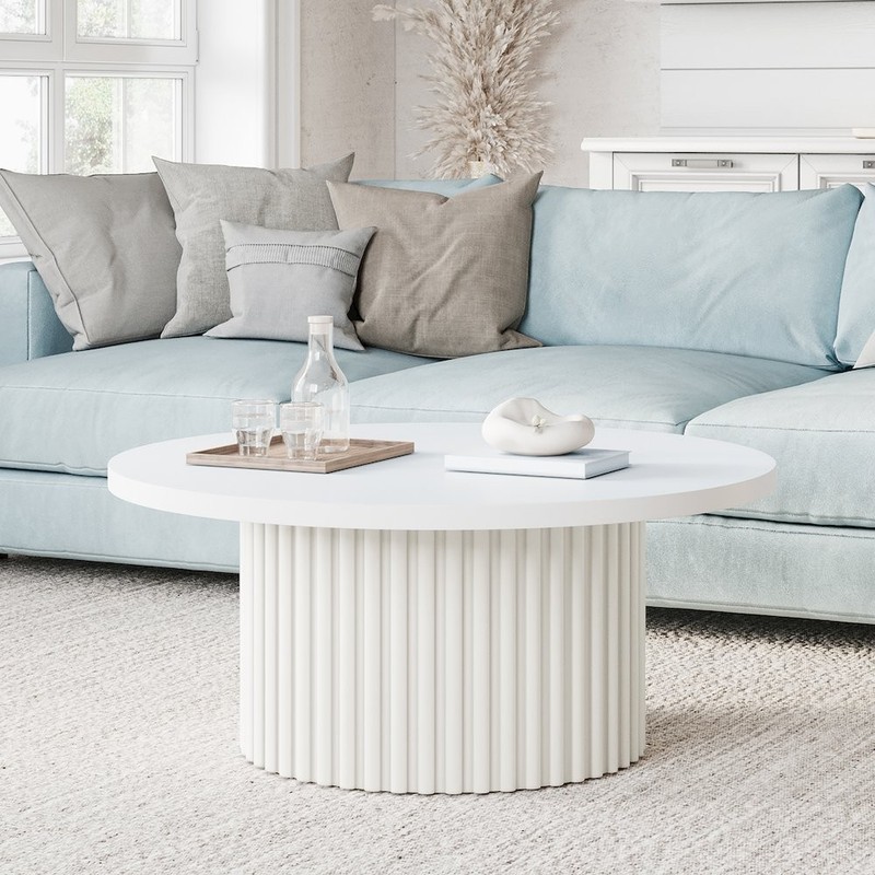 40" Round Mid-Century Fluted Pedestal Base Coffee Table with Caster Wheels gallery