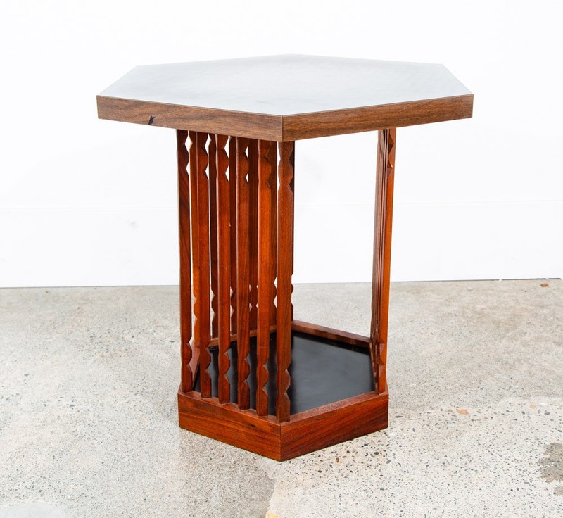 Mid Century Modern End Table Side Hexagon Arthur Umanoff Walnut Black Sculptural gallery