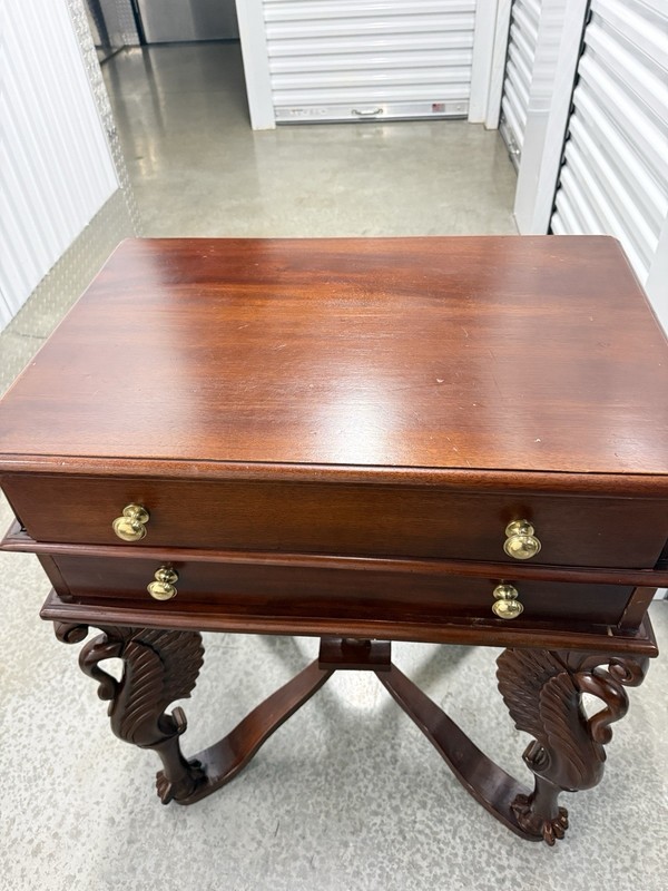 Vintage Gothic Sidetable Carved Swan Legs, Ball Claw Feet w/2 Dovetail drawers