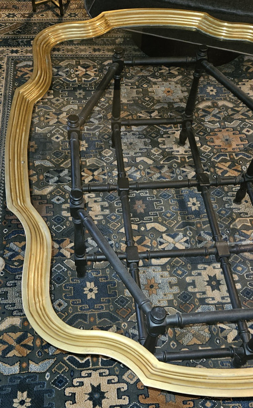 VTG MCM BAKER FAUX BAMBOO GLASS TOP COFFEE TABLE w SCALLOPED BRASS gallery