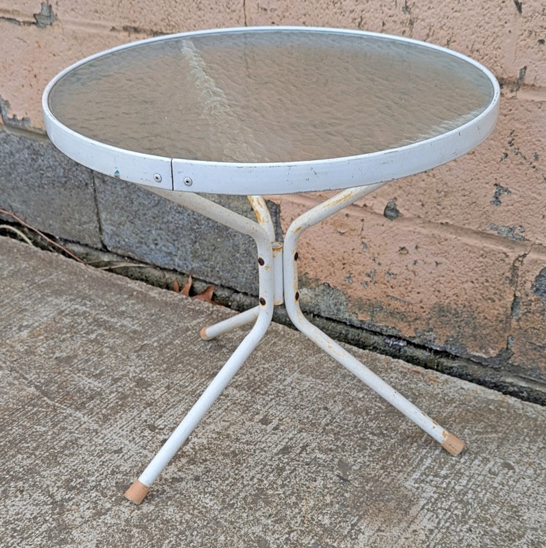 Vintage Old White Painted Metal Patio Table Round Circle with Textured Glass Top