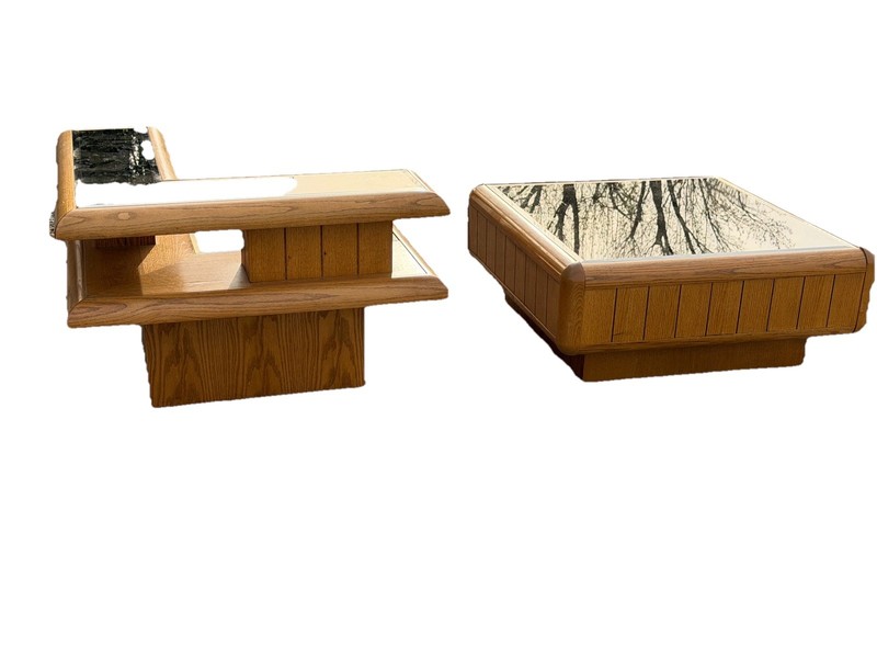 Mid Century Modern Lou Hodges Attributed Coffee Table Tiered End Table Post MCM gallery