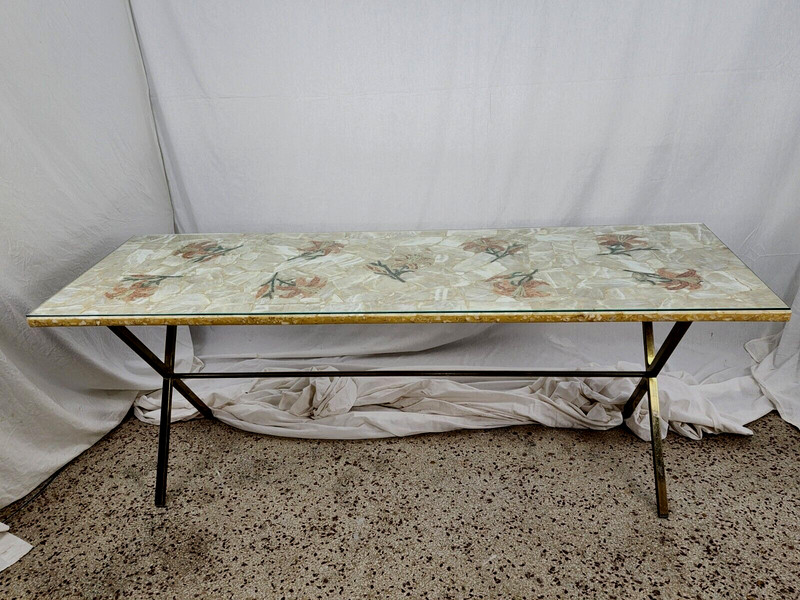 Inlaid Flowers Marble Long Table Chrome Legs Mid Century Modern Vintage Colorful gallery