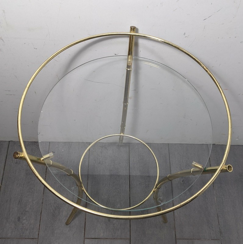 Vintage Mid Century Modern Gold Metal Faux Bamboo Round Glass Table Regency gallery