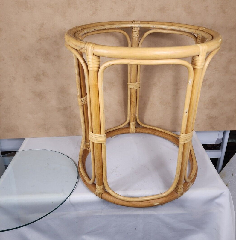 Vintage Rattan Bamboo Round Side End Table Glass Top MCM Tiki Boho Drum gallery