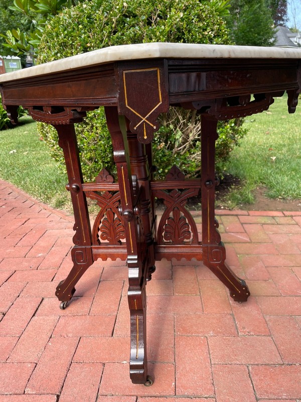 Antique Victorian or Aesthetic Movement Walnut Marble Top Table, c. 1890-1900 gallery