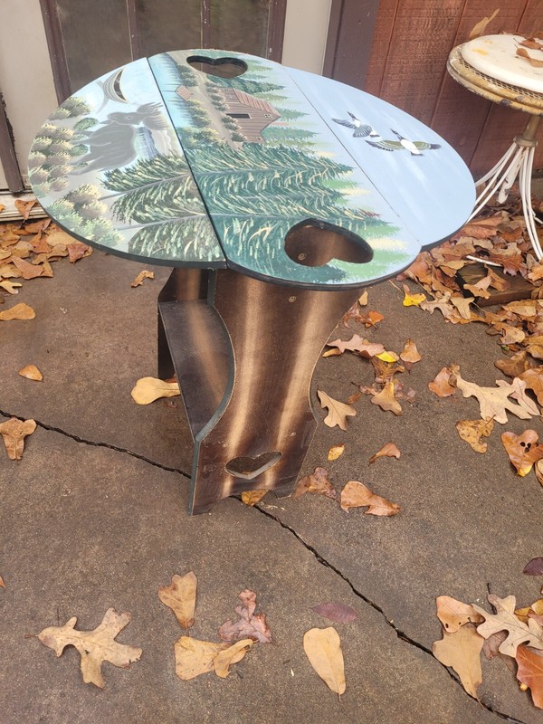Vintage 80s Tri-fold Table Hand Painted Cottage Cabin Lake Folding Serving Tray gallery