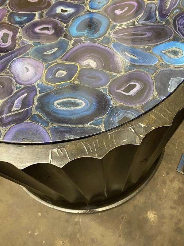 Large Custom Wooden Fluted Column Pedestal w/ Faux Purple Agate Painted Top Pair gallery