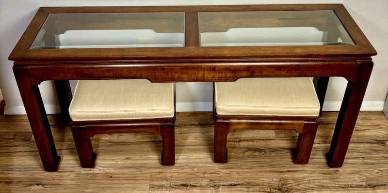 Vtg Hammary Mahogany Console Table w 2 Upholstered Stools/Ottomans Ming [READ] gallery